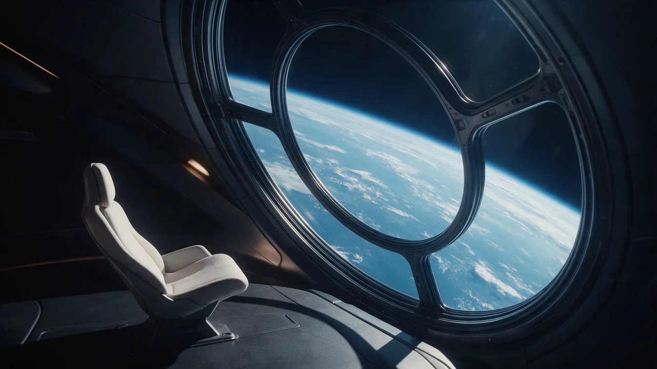 A quiet titanium observatory with a single seat facing Earth through a large circular window.